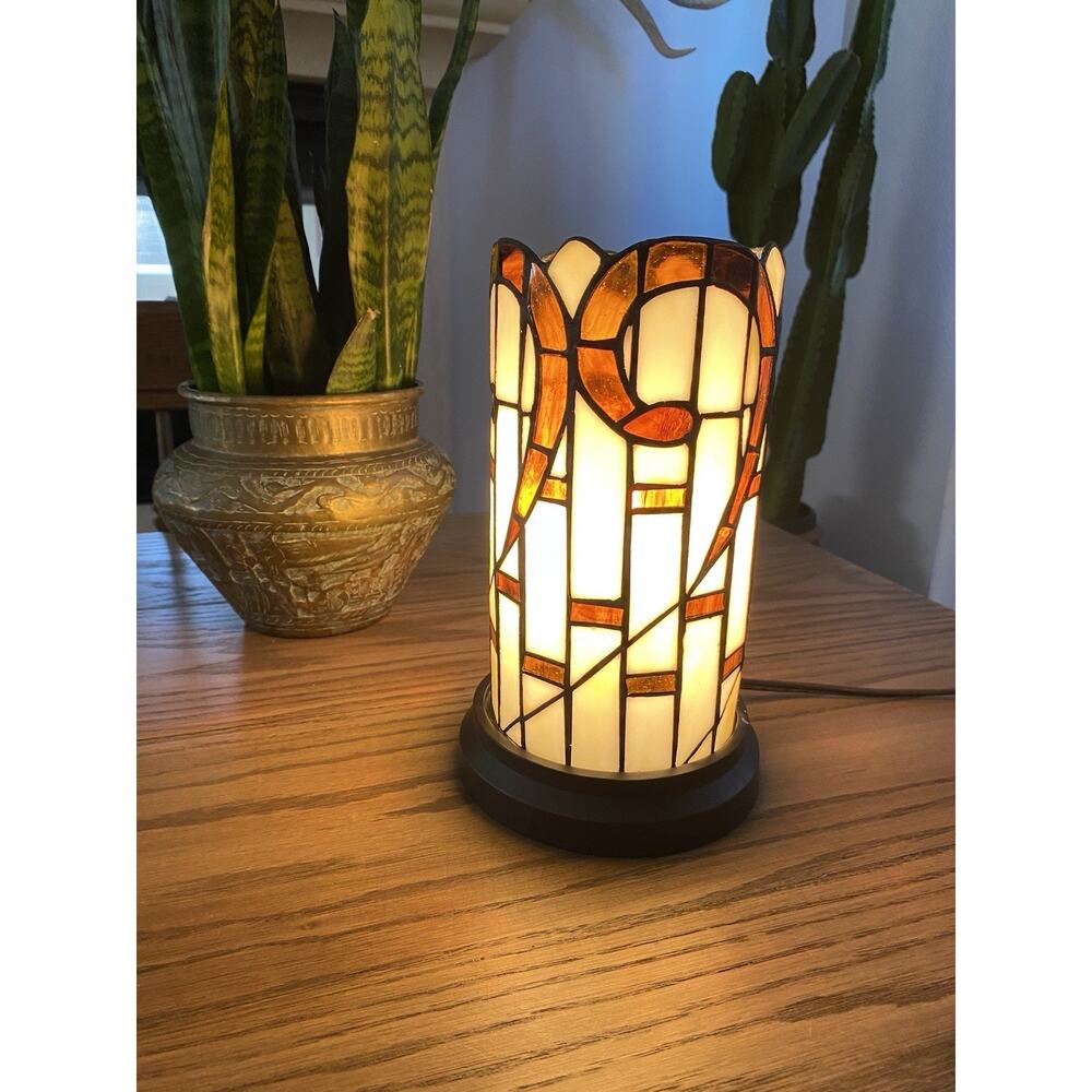 Amber Tiffany Style Stained Glass Hurricane Lamp Table Lamp 10.5in Tall